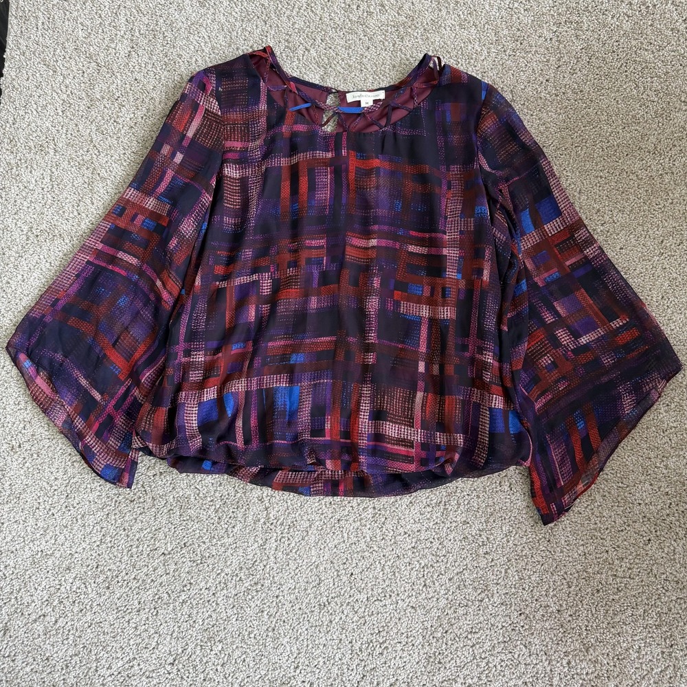 John Paul Richard Blouse Womens M Multicolor Geometric Sheer Kimono Sleeve Top